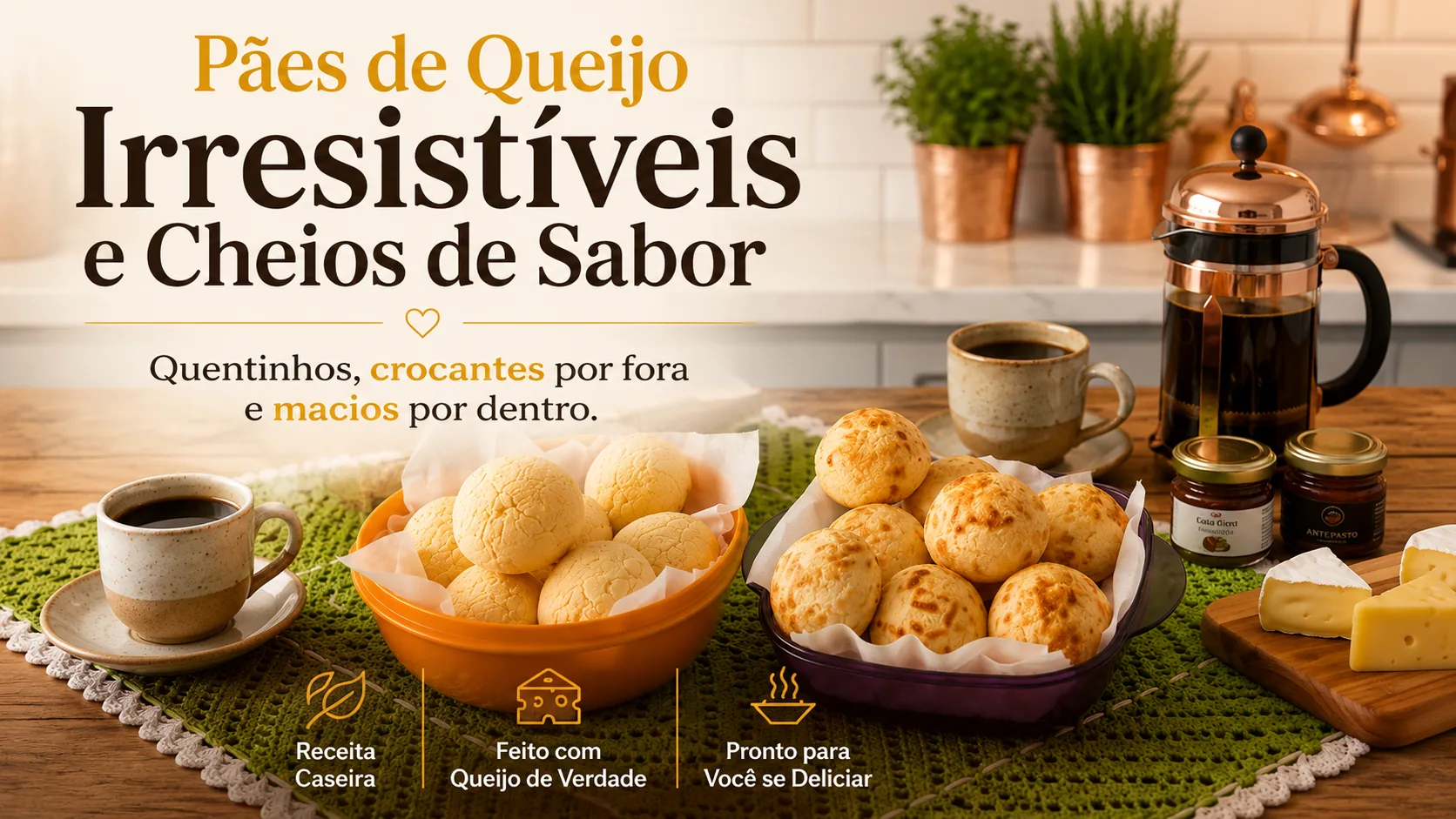 Pão de queijo em cesta ao lado do pacote de 1kg sobre mesa de madeira