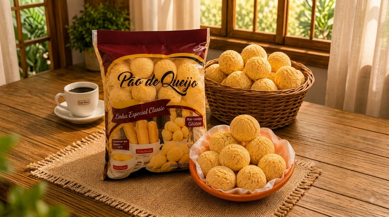 Pão de queijo tradicional congelado 1kg em embalagem e servido em travessa